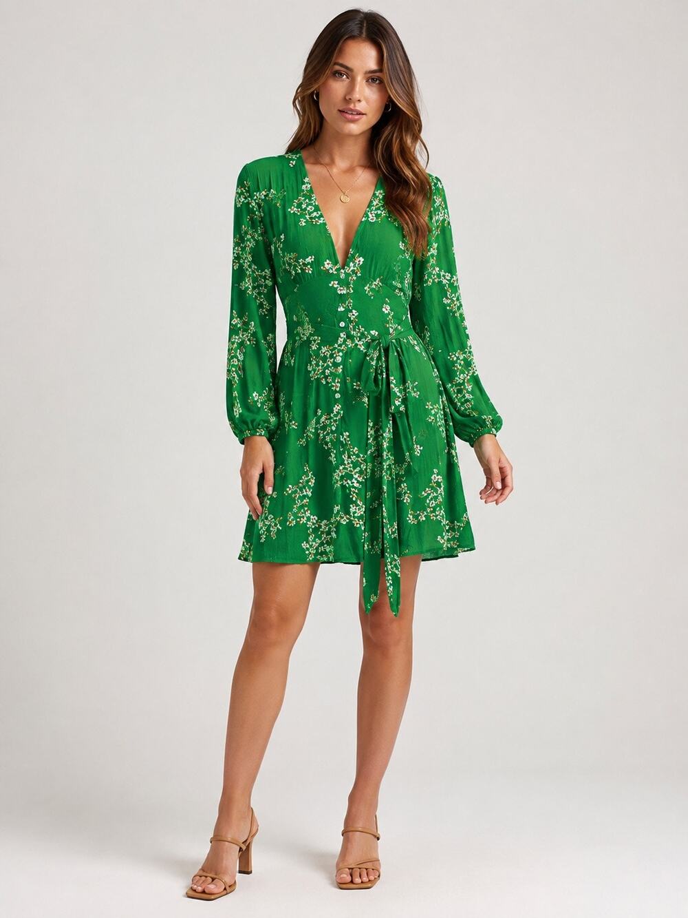 Faithfull The Brand Margot Green Floral Mini Dress Size 8 Long Sleeve Tie Waist